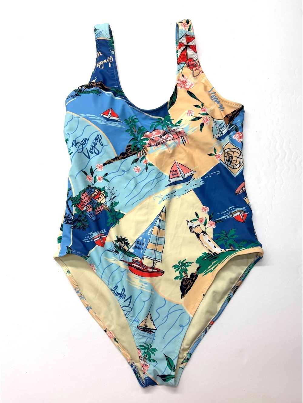 Old Navy Women's Matte One-Piece Swimsuit Blue Sailboat Tropical Print Size L